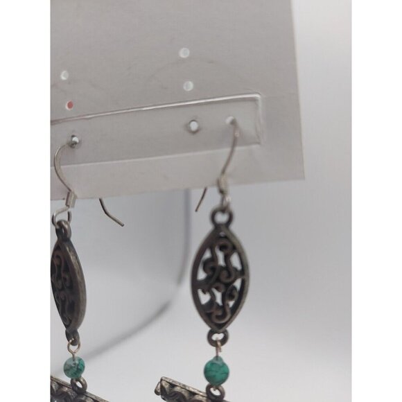 Boho 3.5" Dangle Earrings With Turquoise Beads 70s vintage - Picture 4 of 6